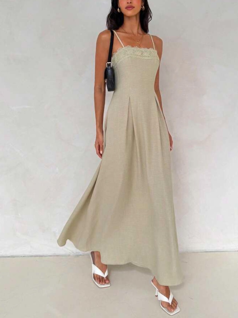 Spaghetti-Strap Cream Maxi Dress with Lace Trim - Picture 5 of 7